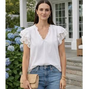 J. McLaughlin White Eyelet Ruffle Blouse Size M